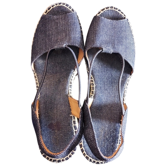 Clarks Denim Espadrilles Wedges 9.5 Sandals Petrina Lulu peep-toe - Picture 3 of 15